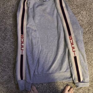 Gucci Gray Crewneck Sweatshirt with Red and Navy Stripe Sleeves